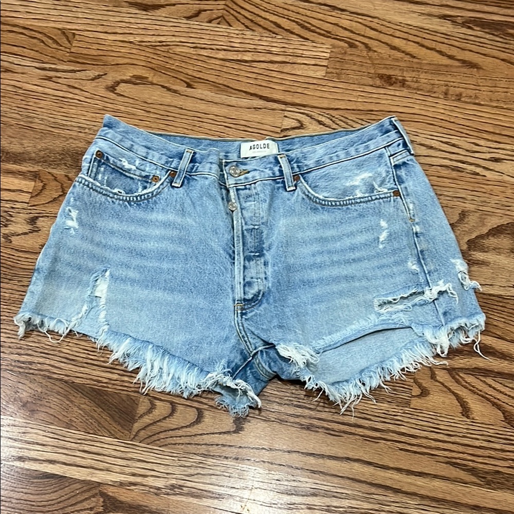 Agolde Blue Distressed Jean Shorts Button Fly
